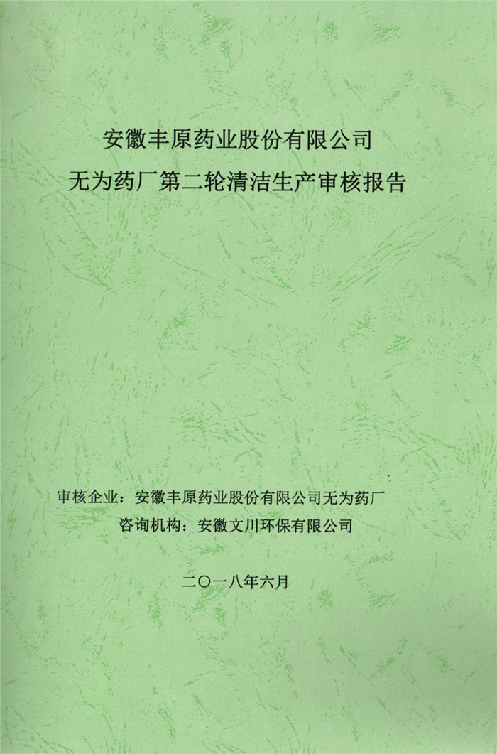 2018年安徽丰原药业股份有限公司无为药厂第二轮清洁生产审核报告.jpg